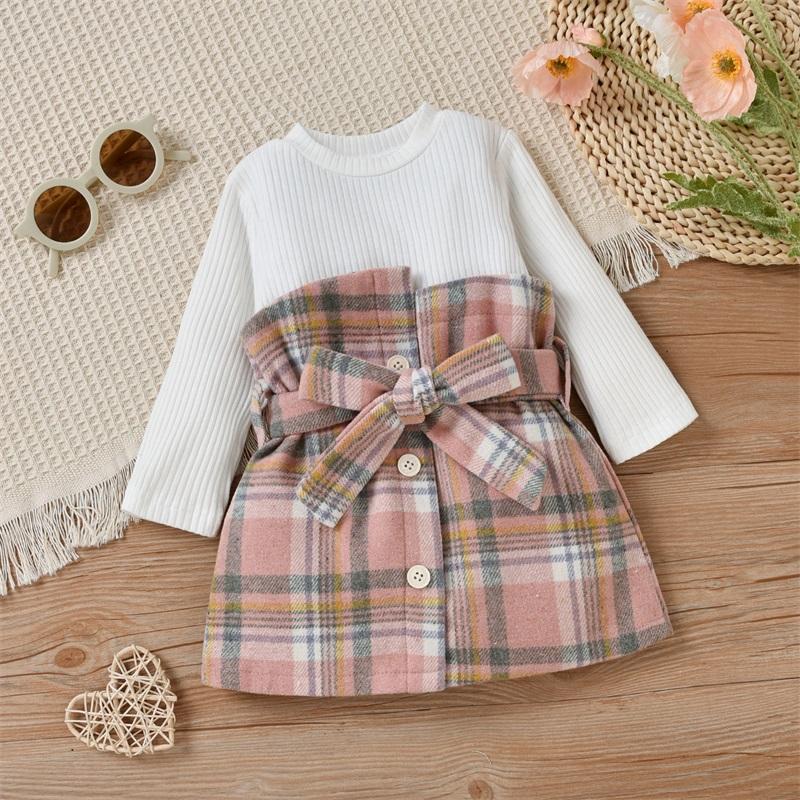 

Girl's Dresses 0-3Y Princess Baby Girls Autumn Dress With Belt Knit Long Sleeve Plaid Printed Patchwork A-Line DressGirl's, As pic