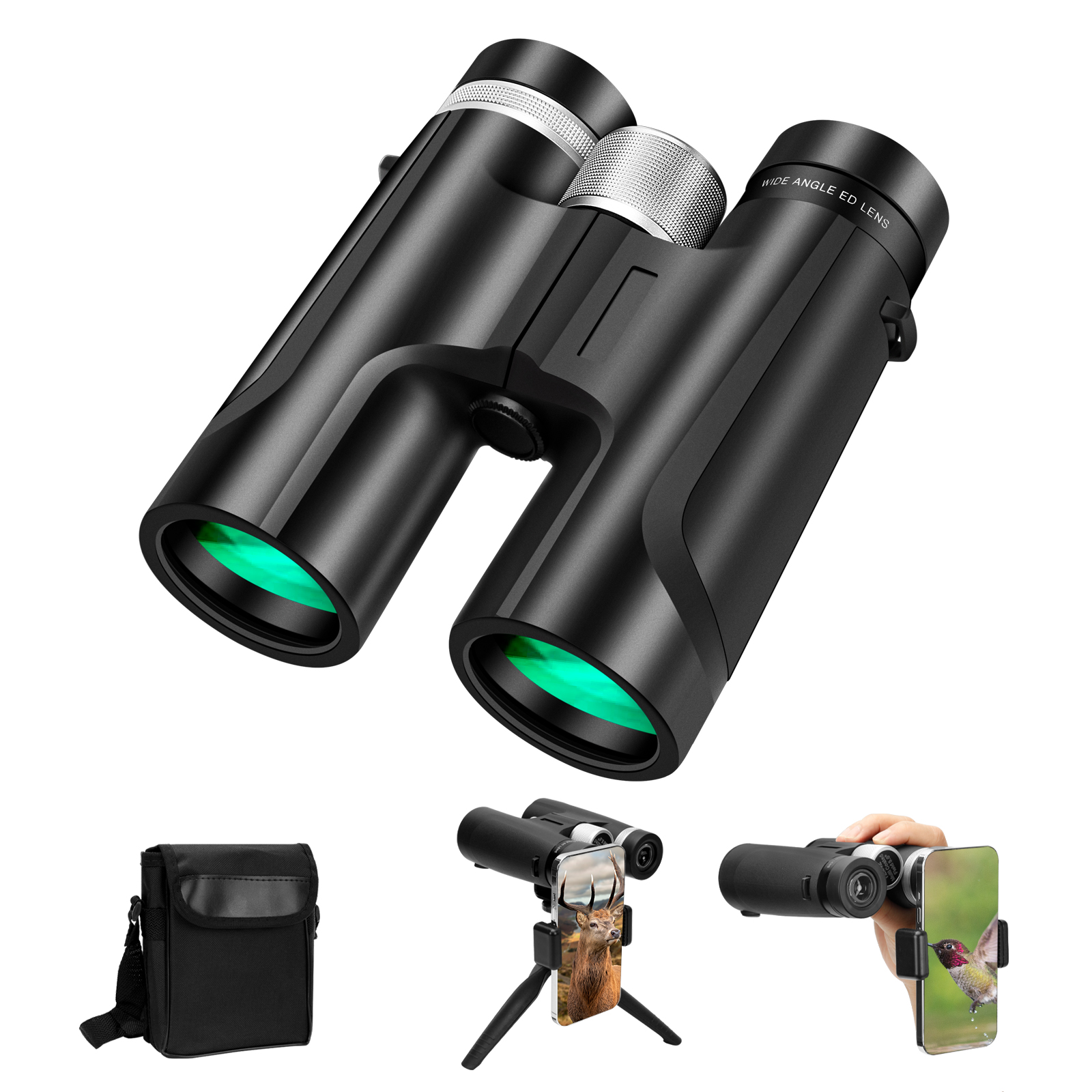 

12X42 Compact Adult Binoculars With Phone Adapter and Tripod for Bird Watching Hunting