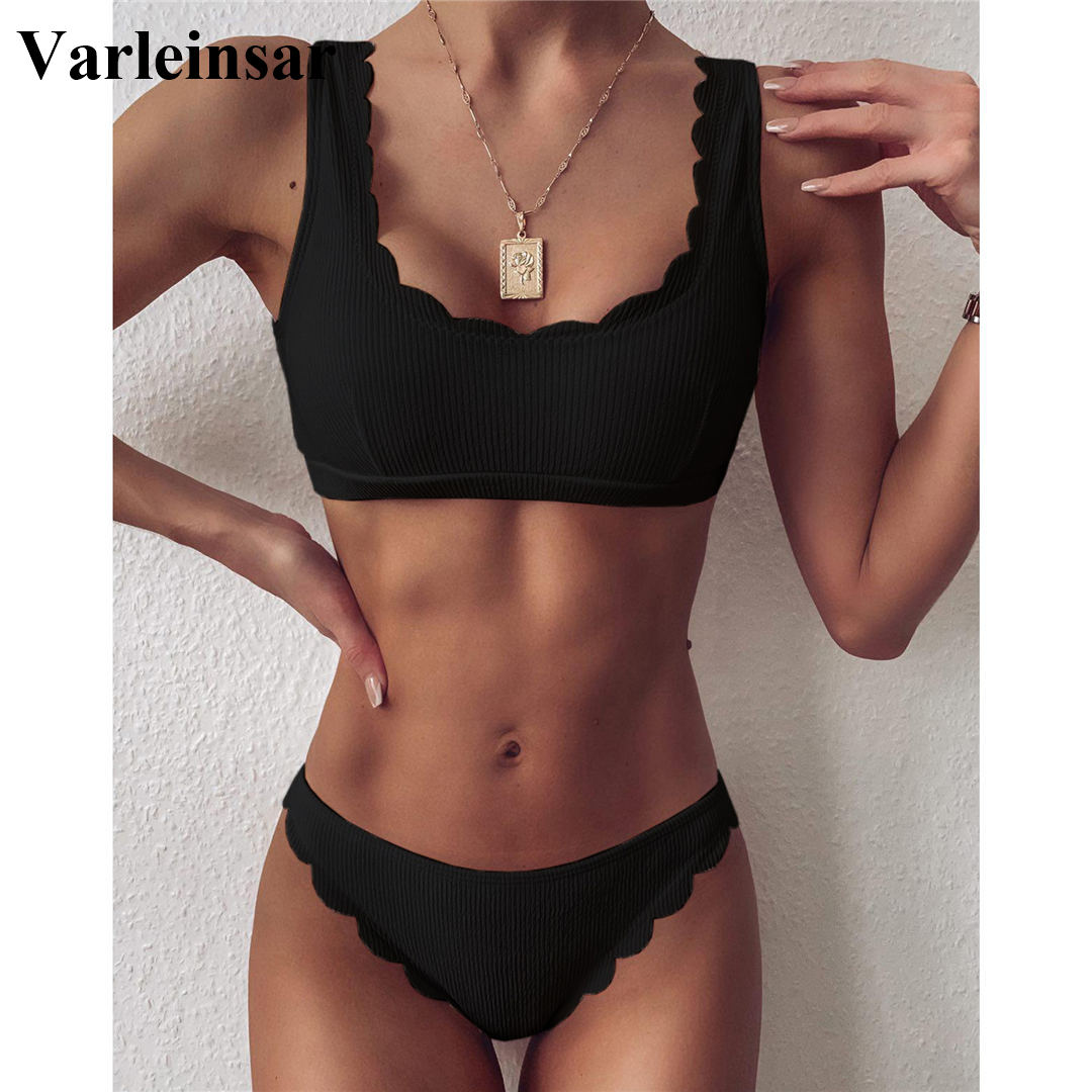 

6 Colors Scalloped Mid Waist Bikini Women Swimwear Female Swimsuit Two-pieces Bikini set Ribbed Bather Bathing Suit Swim V2183R, Black