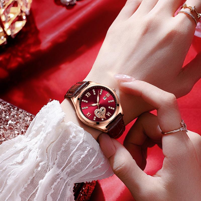

Wristwatches Top Luxury Watch Women Diamond Waterproof Luminous Ladies Leather Watches Fashion Hollow Rose Gold Quartz Wristwatch For, Rose gold white