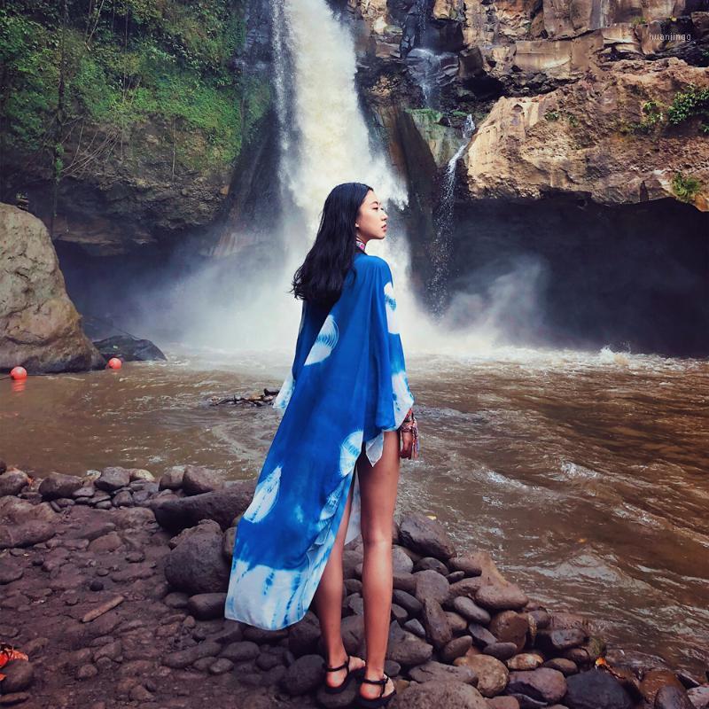 

Bohemian Leisure Travel Vacation Batwing Sleeve Shawl Chiffon Top Fashion Print Ladies Blouse Tops Women's Blouses & Shirts, Blue