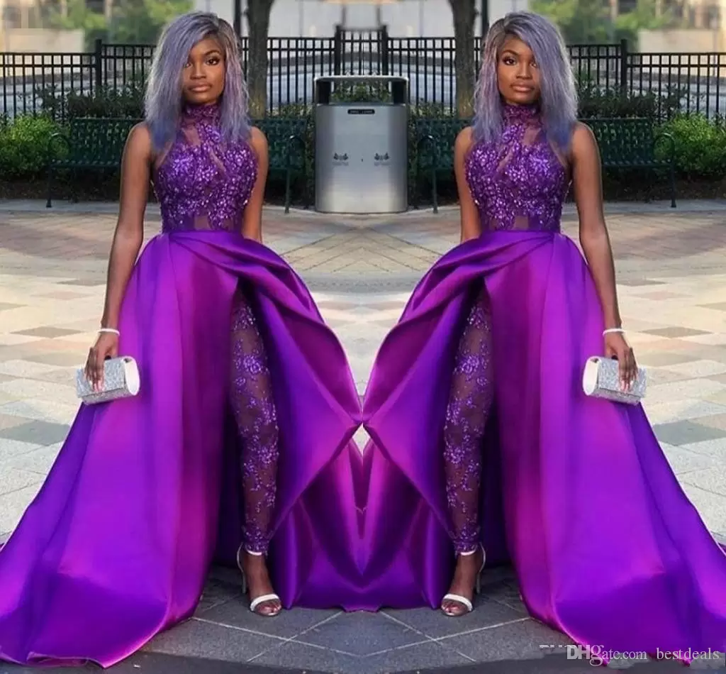 2022 Purple Jumpsuits Prom Dresses With Detachable Train High Neck Lace Appliqued Bead Evening Gowns Luxury African Party Gowns PRO232-image-247407155