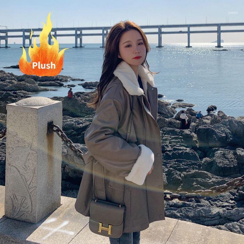 

Women' Jackets Winter Thick Warm Long Parkas Women Fashion Black PU Leather Coats Elegant Zipper Lace Up Plush Female Ladies