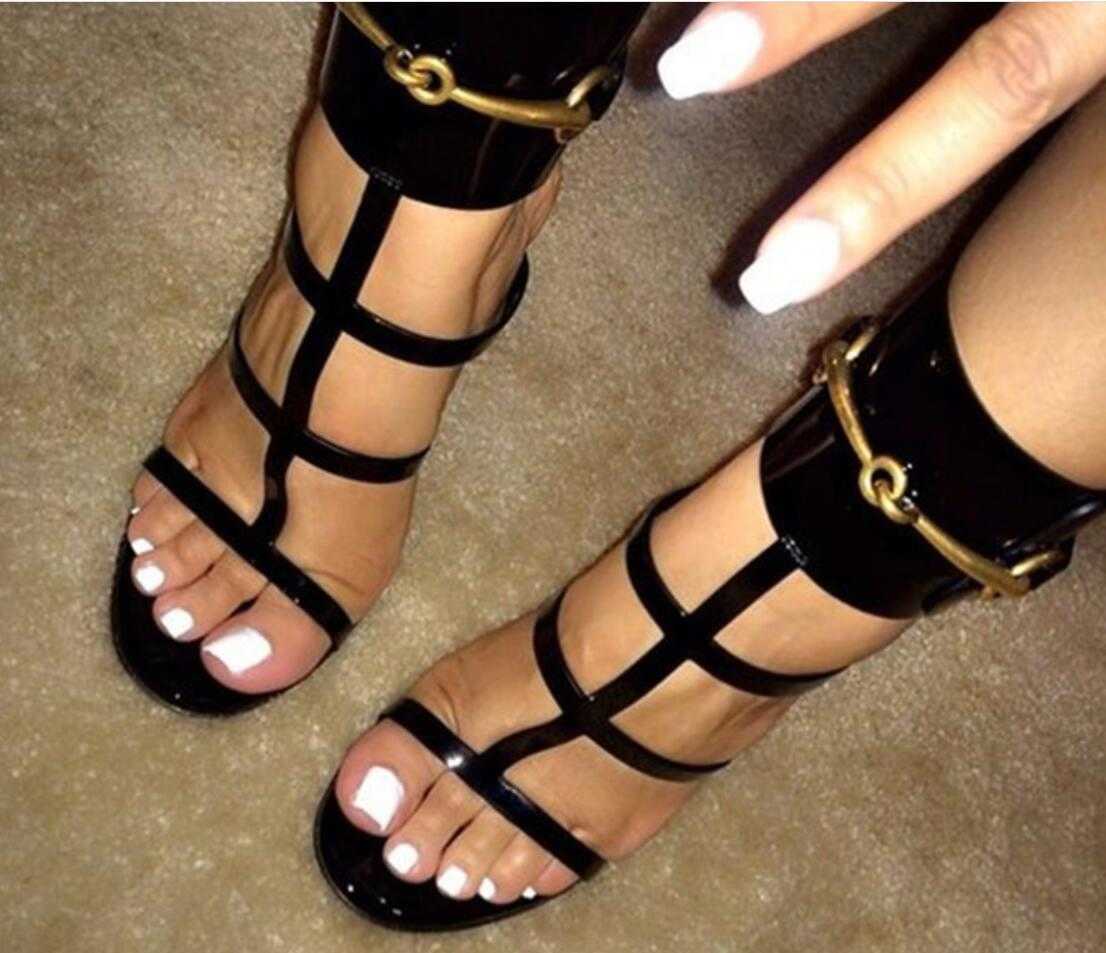

2022 summer women metal sequin pumps sexy ankle strap gladiator sandals thin heel cuts out buckle high heels leather party classical shoes, Blue