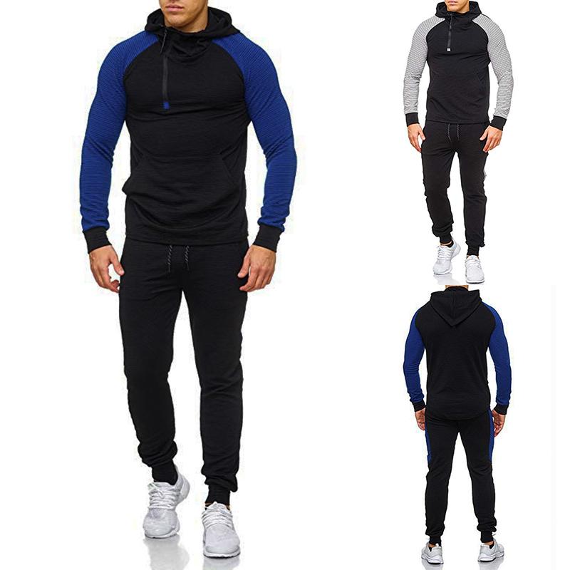 

Men's Tracksuits Striped Hoodie Set Men's Zip-up Pullover Top Sports SetMen's, Blue