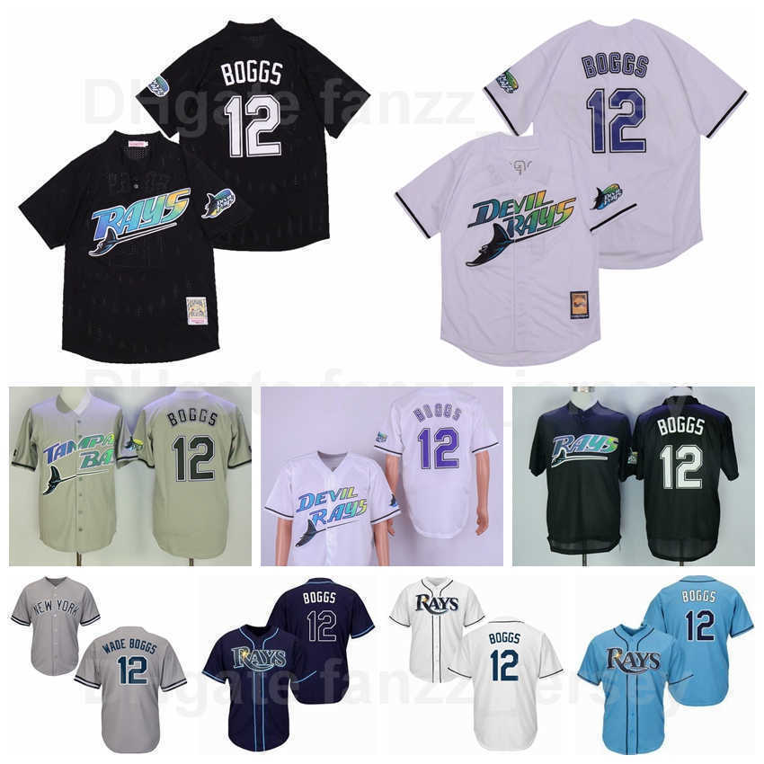 Men Retro Baseball 12 Wade Boggs Vintage Jerseys Navy Blue Black White Grey Team Color All Stitched Pullover Flexbase Cool Base Cooperstown Retir