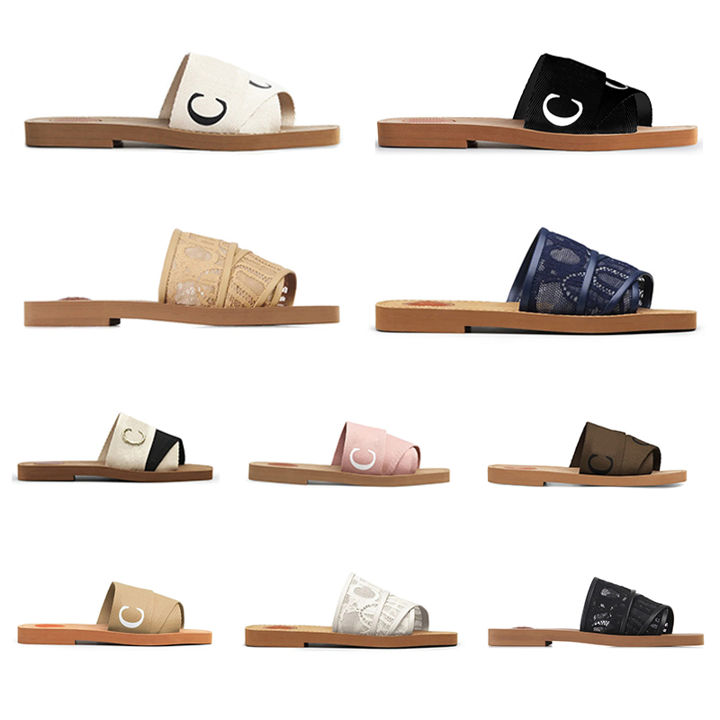 

2022 woody mules slippers flat sandals beige slides designer canvas slippers white black pink womens fashion outdoor beach slipper shoes, # 6