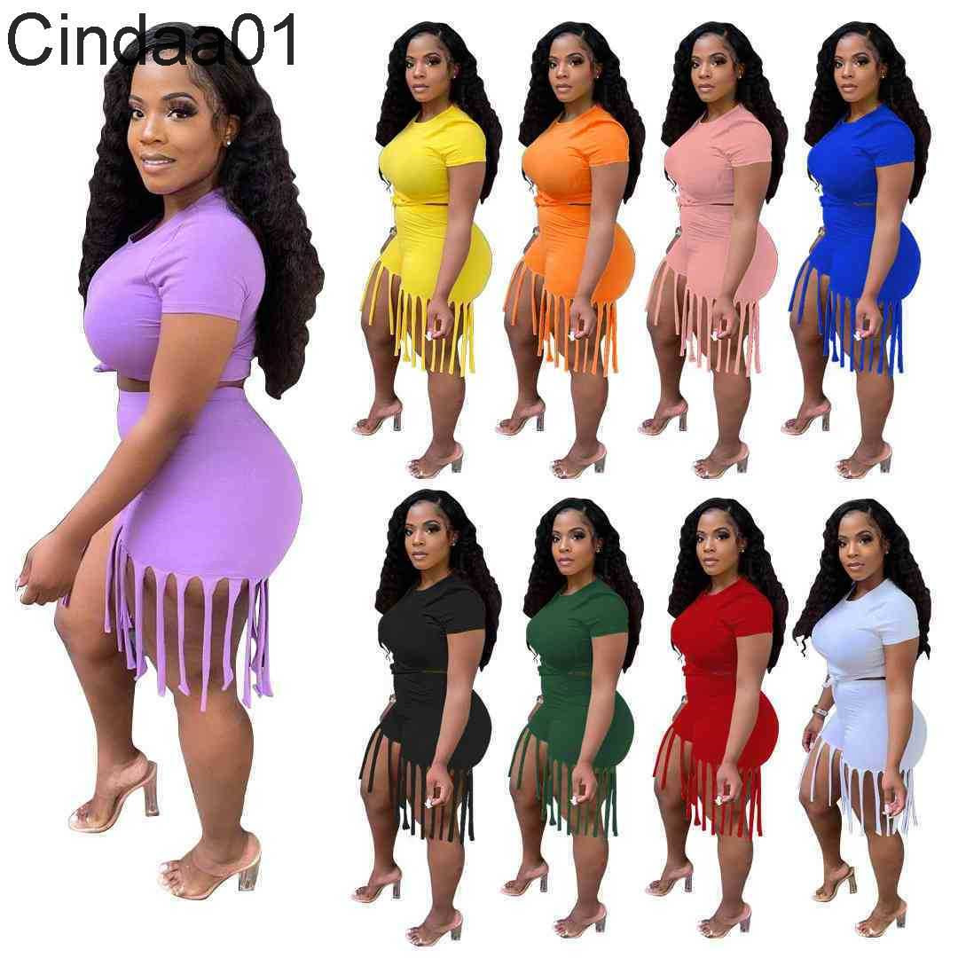 

Women Two Pieces Pants Suit Designer Short Sleeve T-shirt And Tassel Shorts Casual Solid Color Fitness Running Clothes S-3XL, Orange