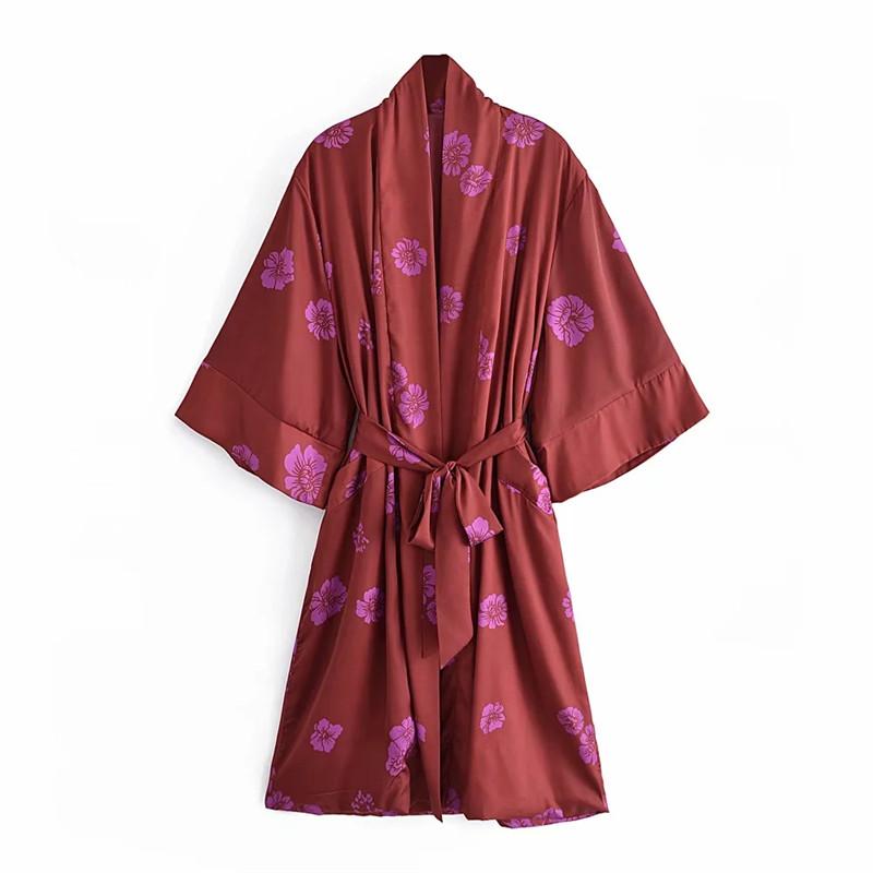 

Women's Blouses & Shirts Kimono Woman Summer Red Print Floral Vintage Women Blouse Long Cardigan Half Sleeve Belt Beach Elegant, Print kimono