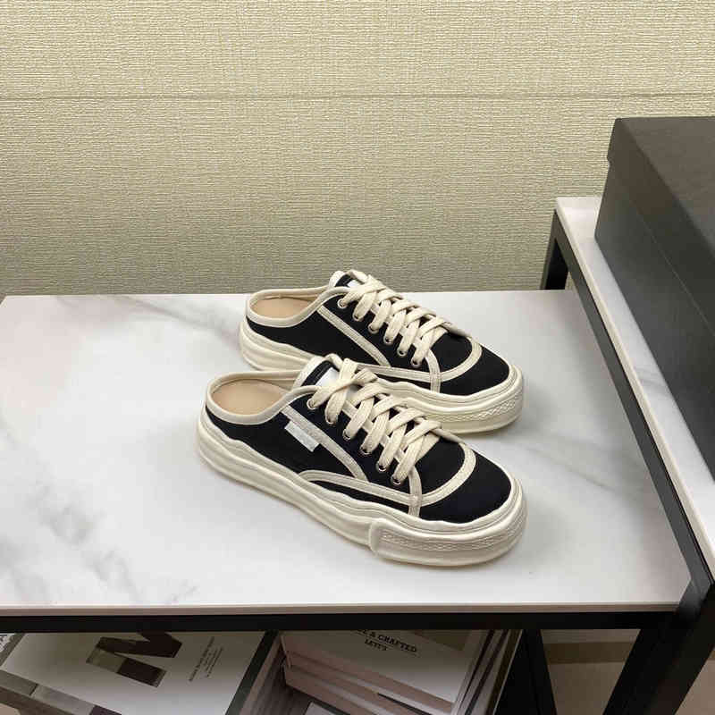 

Dress Shoes Women White Canvas Shoes Half Drag College Style Summer Sneakers Casual Sports Lace Up Board Shoes Lady Slippers 220406, Blue (half trailer)