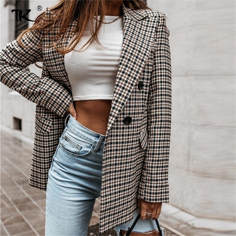 

Women's Plaid Blazers Double Breasted Long Sleeve Loose Blazer Elegant Office Ladies Tops Casual Streetwear Spring Fashion 220402, Photo color