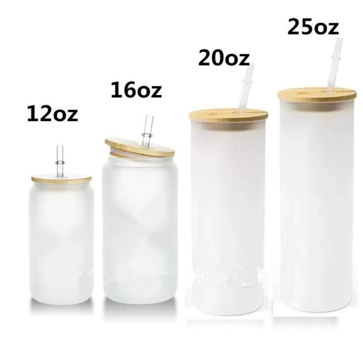 

12oz 16oz 20oz 25oz Tumblers Sublimation Glass Beer Mugs with Bamboo Lid Straw DIY Blanks Frosted Clear Can Shaped Cups Heat Transfer Iced Coffee Soda Whiskey Glasses, Clear with straw and lid