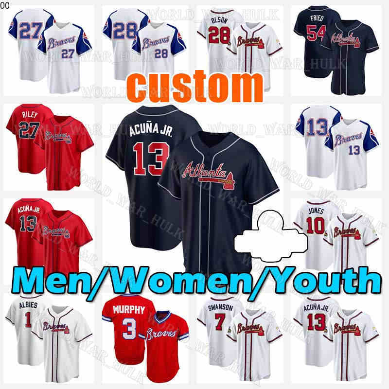 

Ronald Acuna Jr. Jersey 27 Austin Riley Matt Olson Atlanta''Braves''Baseball Ozzie Albies Max Fried Mike Soroka Dale Murphy Dansby Swanson Chipper Jones Ozuna, Women custom cool base(y s)+patch