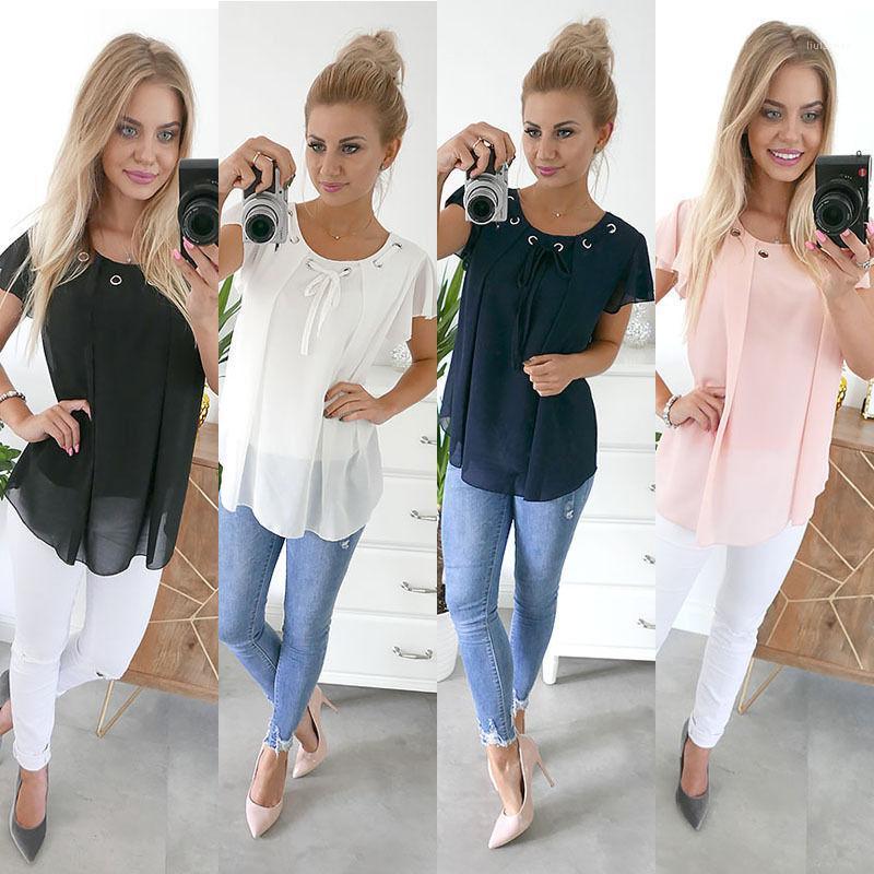 

Women' Blouses & Shirts Hirigin 2022 Sexy Women Casual Loose Chiffon Short Sleeve Blouse Solid Color Belt Outwear Style, Blue
