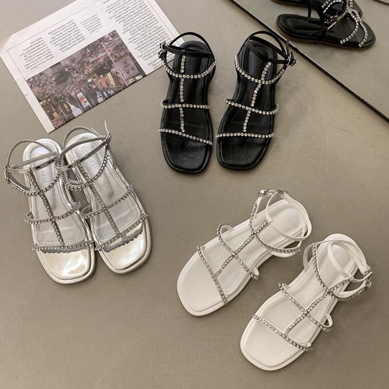 

Sandals Slides Women Flats With Shoes Female Casual Outdoor Fashion Crystal Elegant 2022 Buckle Strap Rhinestones Ladies SandalsSandals, Black