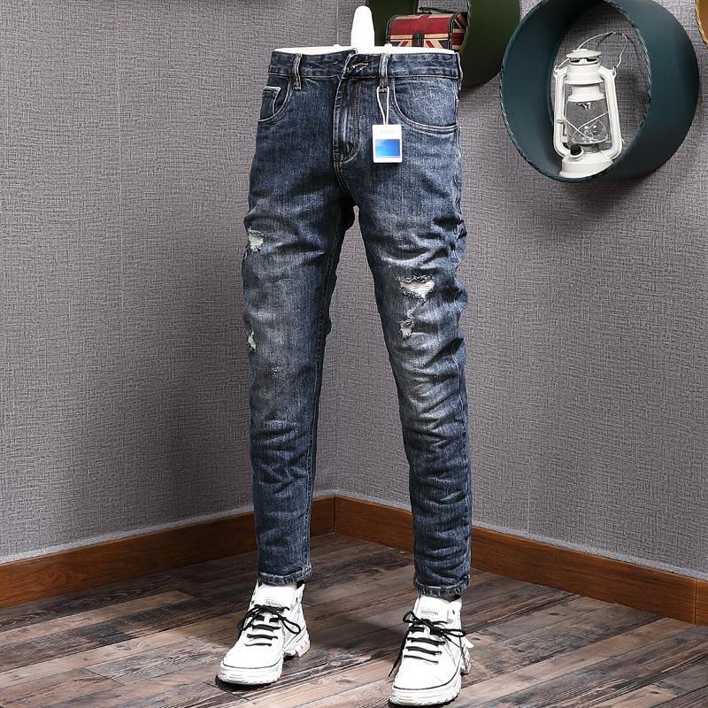 

Men's Jeans Ly Fashion Men High Quality Retro Blue Elastic Slim Fit Destroyed Ripped Vintage Designer Casual Denim Pants