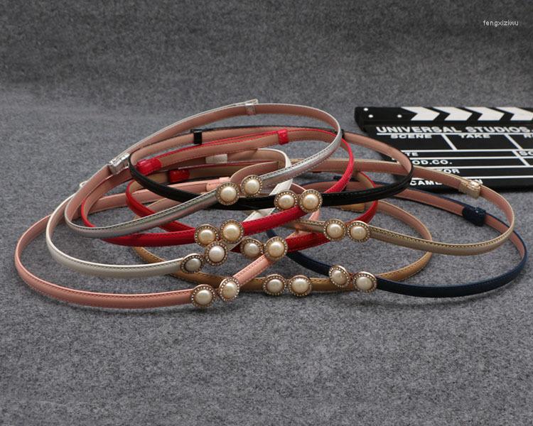 

Belts Lady Korean Fashion Pearl Rhinestone Buckle Solid Color Thin Belt Women Adjustable Dress Leather BeltBelts, White