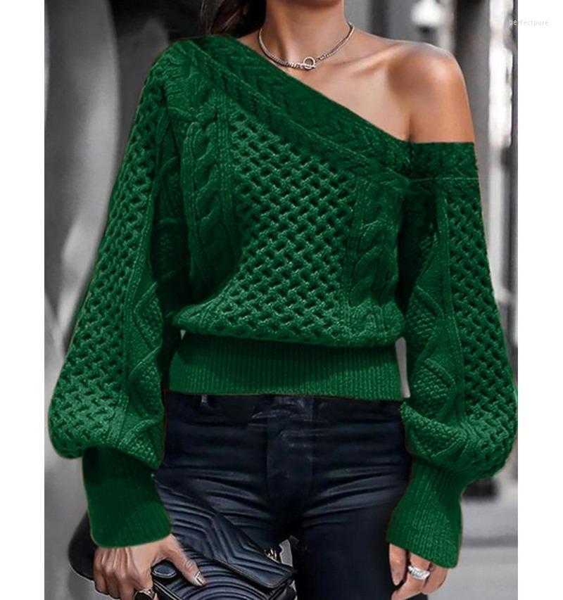 

Women's Sweaters Autumn And Winter Sweater Women's One-neck Knit Off Shoulder Long Lantern Sleeve Loose Soft Pullover SweaterWomen's Per, Green 1