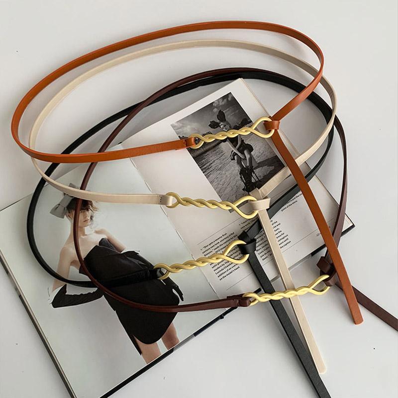 

Belts Women's Thin Knotted Belt Gold Twist Metal Buckle PU Leather Skinny Waist Dress Coat Decorative Lady Girl Slim Body StrapsBelts, Beige