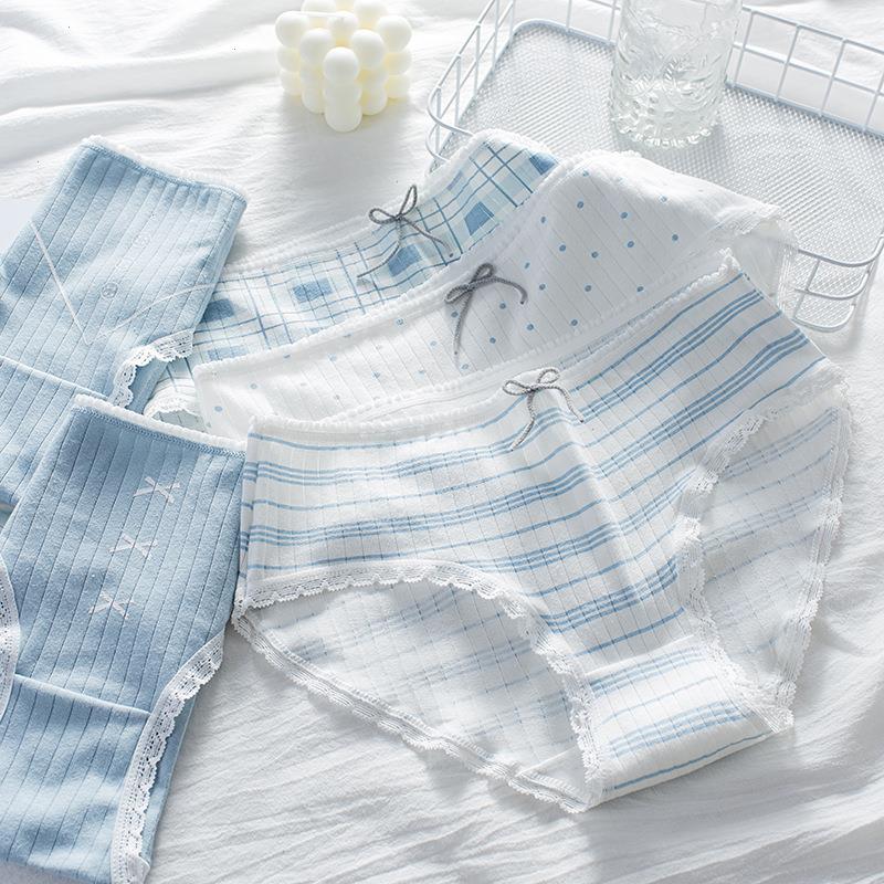 

Womens Underwear Sexy Lace Panties Fashion Printing Comfort Briefs Middle Waist Seamless Underpants Female Lingerie, Blue stripes white