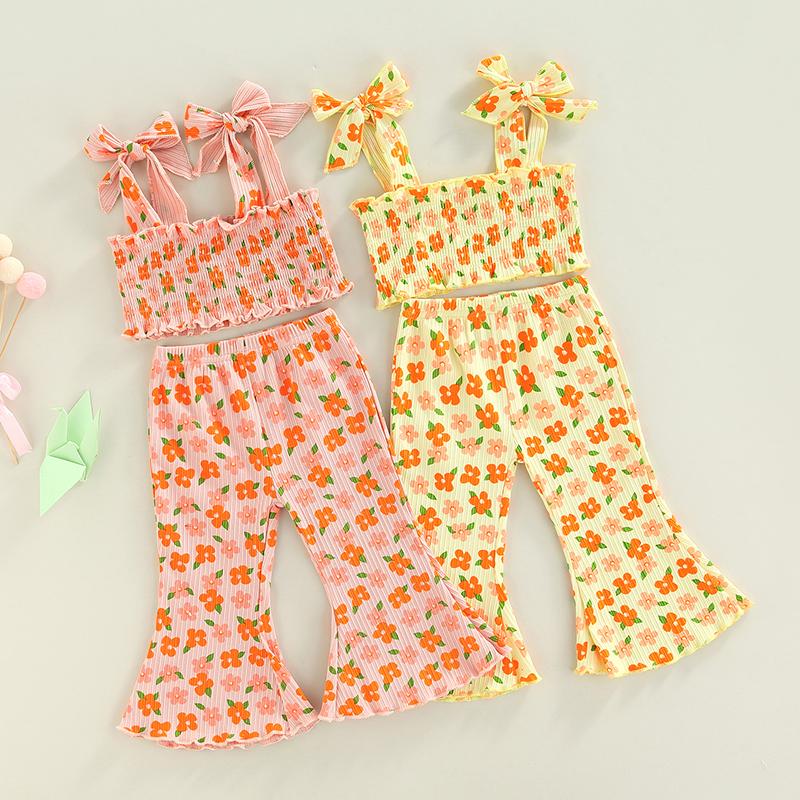 

Clothing Sets 0-4Y Summer Lovely Baby Girls 2pcs Clothes Flowers Printed Strap Sleeveless Lace Up Vest Flare PantsClothing, Pink