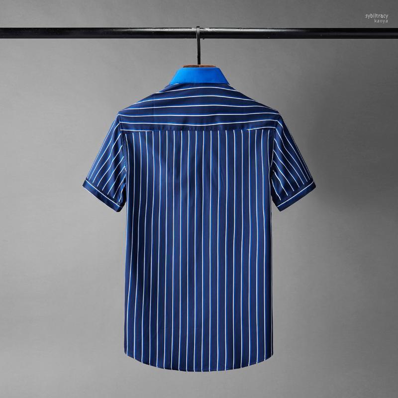 

Luxury Blue Summer Stripe Short Sleeve Casual Mens Dress Plus Size 4xl Fashion Slim Fit Man Shirts Men's Sybi22