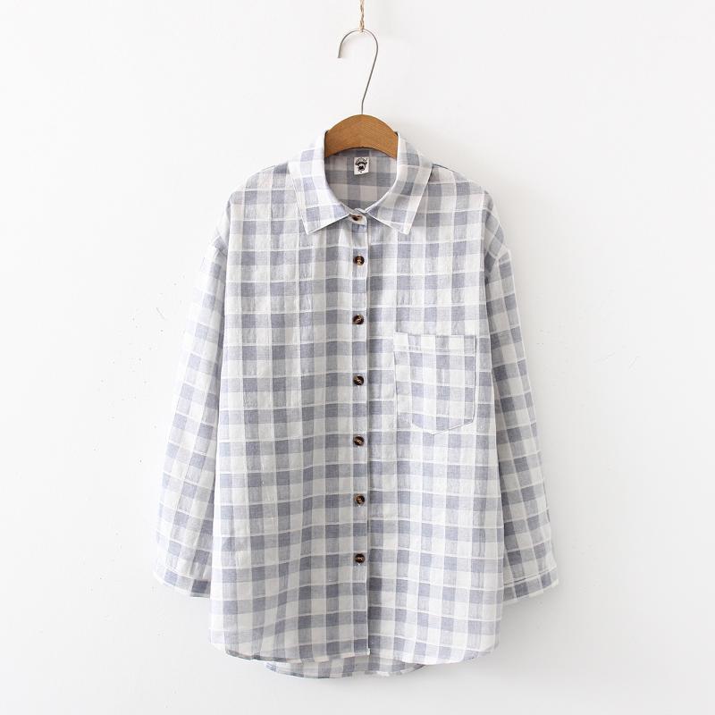 

Spring Summer Art Style Plaid Shirts Women Casual Harajuku Drop Shoulder Long Sleeve Cotton Blouses Female Streetwear Loose Tops Women's, Gray