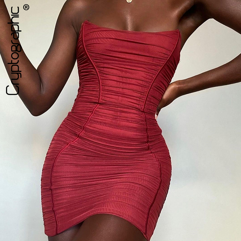 

Elegant Mesh Ruched Sexy Strapless Mini Dresses Evening Party Club Backless Bustier Corset Dress Bodycon Christmas, Burgundy
