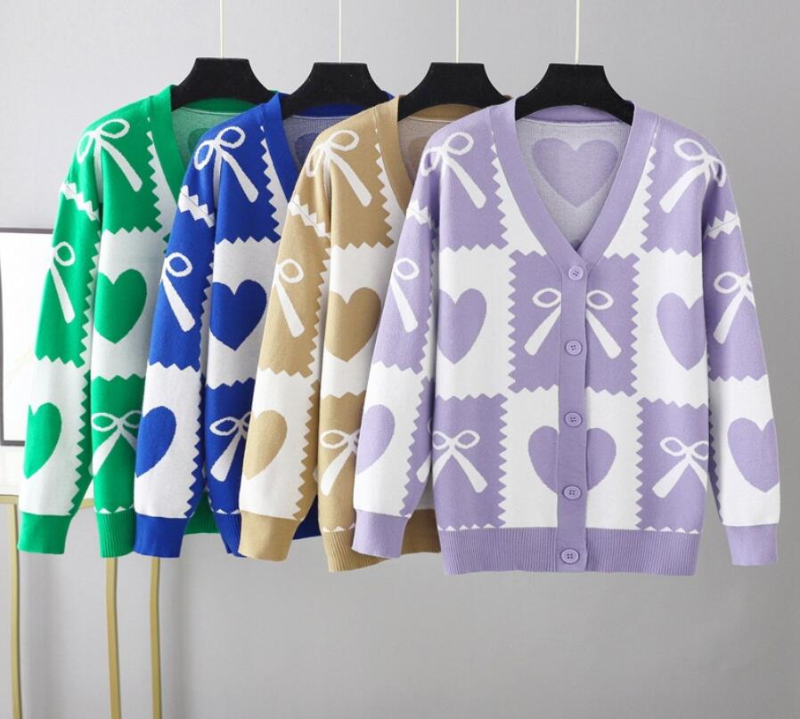 

22GG Designer Pink Heart Knit Cardigans Intarsia Sweater Women V Neck Loose Elegaht Pull Femme Casual Coat, Purple