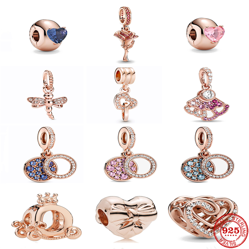 925 Sterling Silver Dangle Charm Rose Bleu Coeur Solitaire Clip Libellule Perles Perle Fit Pandora Charms Bracelet DIY Bijoux Accessoires