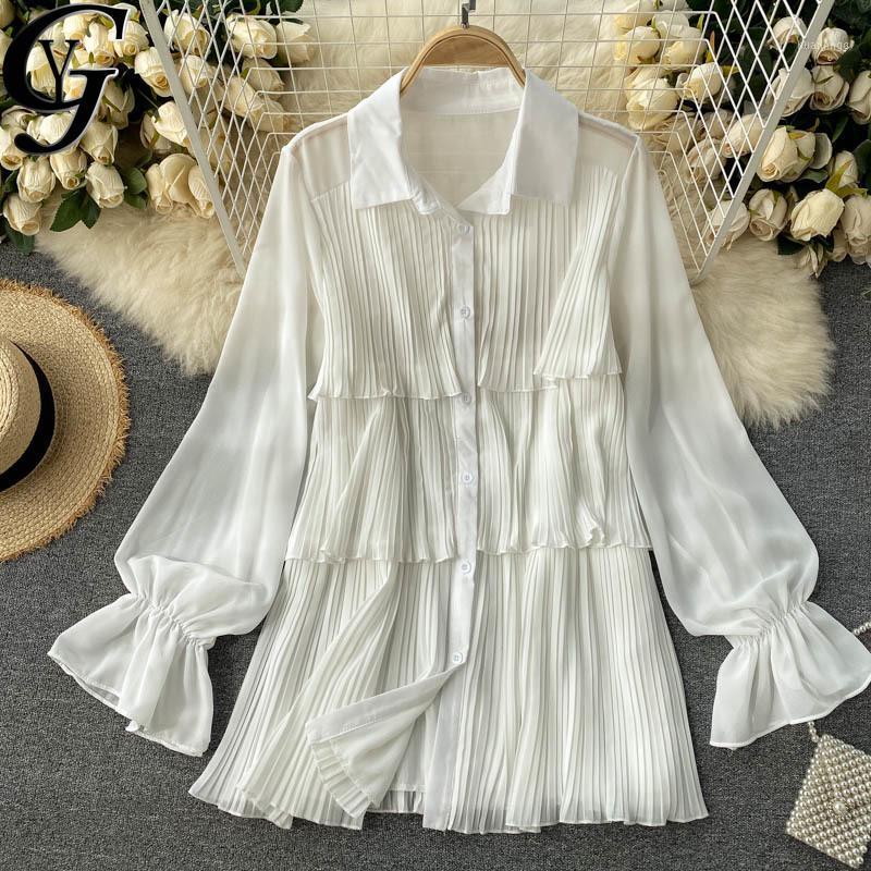 

Koeran Style Oversized White Collared Shirt Women Ruffle Sleeve Pleated Chiffon Ladies Tops And Blouse Chemise Blanche Women's Blouses & Shi, Black