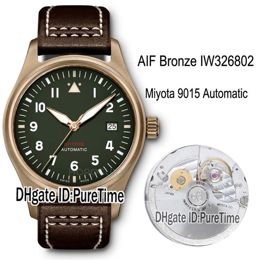 

AIF Spitfire Automatic Bronze IW326802 Miyota 9015 Automatic Mens Watch Green Dial Brown Leather White Line Watches Edition P209c, Customized waterproof service