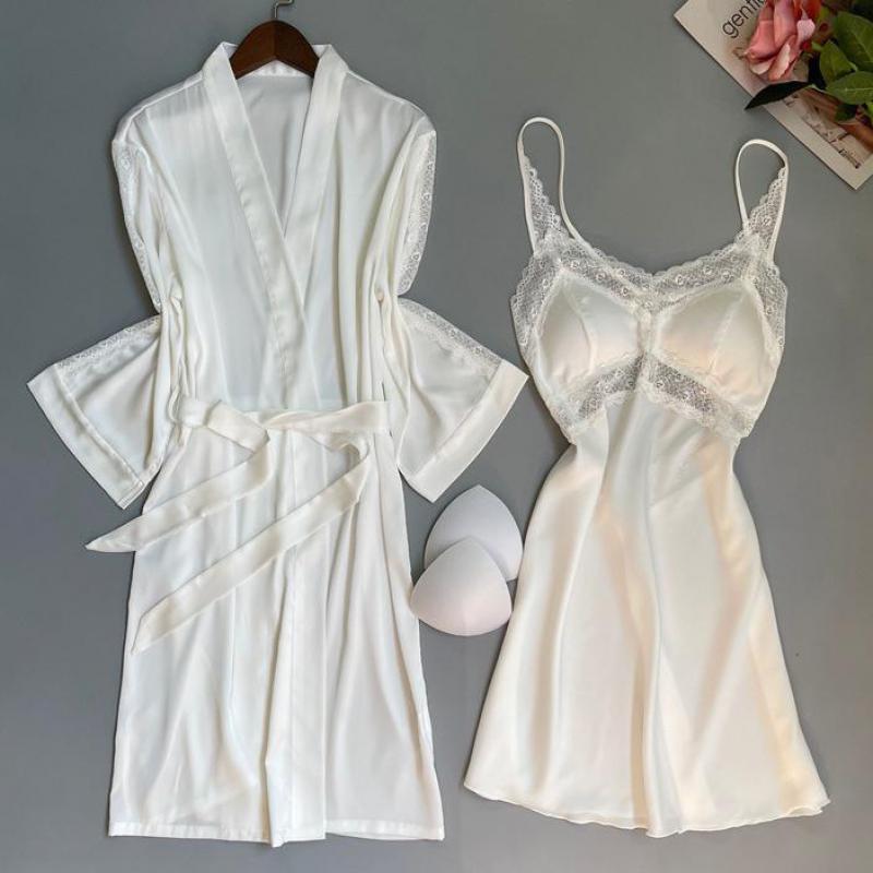 

Women's Sleepwear Sexy Rayon White Bride Bridesmaid Wedding Robe Nightgown Women Spring Summer Kimono Bathrobe Gown Patchwork Lace Home Dres, Black robe set