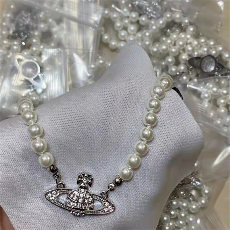 Pearl Necklaces Designer Jewelry Women Paper Clip Saturn Beaded pendant Necklace Copper 18K Gold Plated Clavicle Mother of pearl Diamond Chain fo-image-796098400