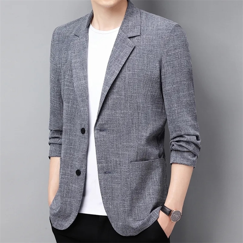 

Mens Cotton Linen Suit Jacket Spring Summer Loose Casual Gray Blazers Male Long Sleeve Business Black Coat Terno Masculino 220704
