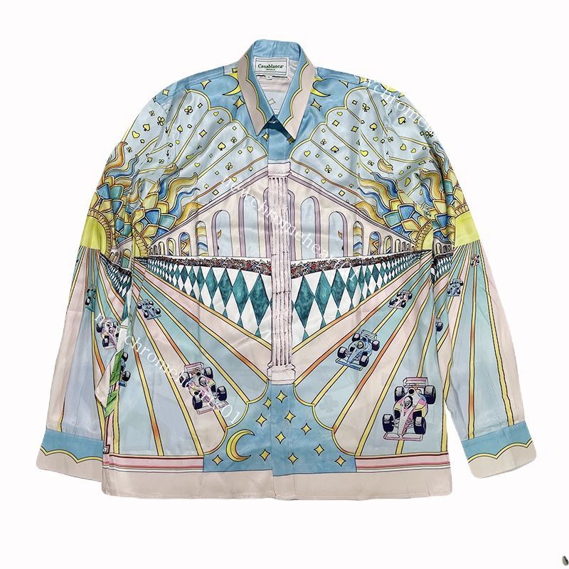 

Casablanc 22ss silk long sleeved shirt overflow formula F1 racing men designer print casual shirts, Beige