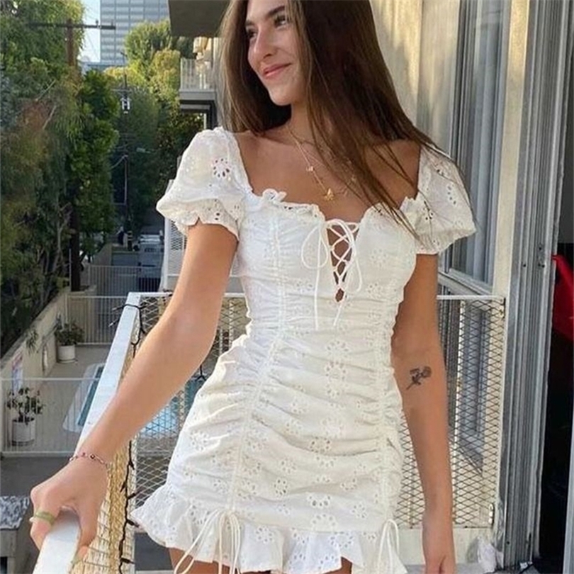 

Lace up embriodery white summer dress women hollow out beach short puff sleeve ruffle ruched bodycon mini vestidos 226014