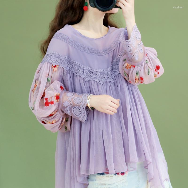 

Women's Blouses & Shirts Original Design AIGYPTOS Spring Women Sweet Elegant Purple Ladies Vintage Embroidery Lantern Sleeve Lace Chiffon Sh