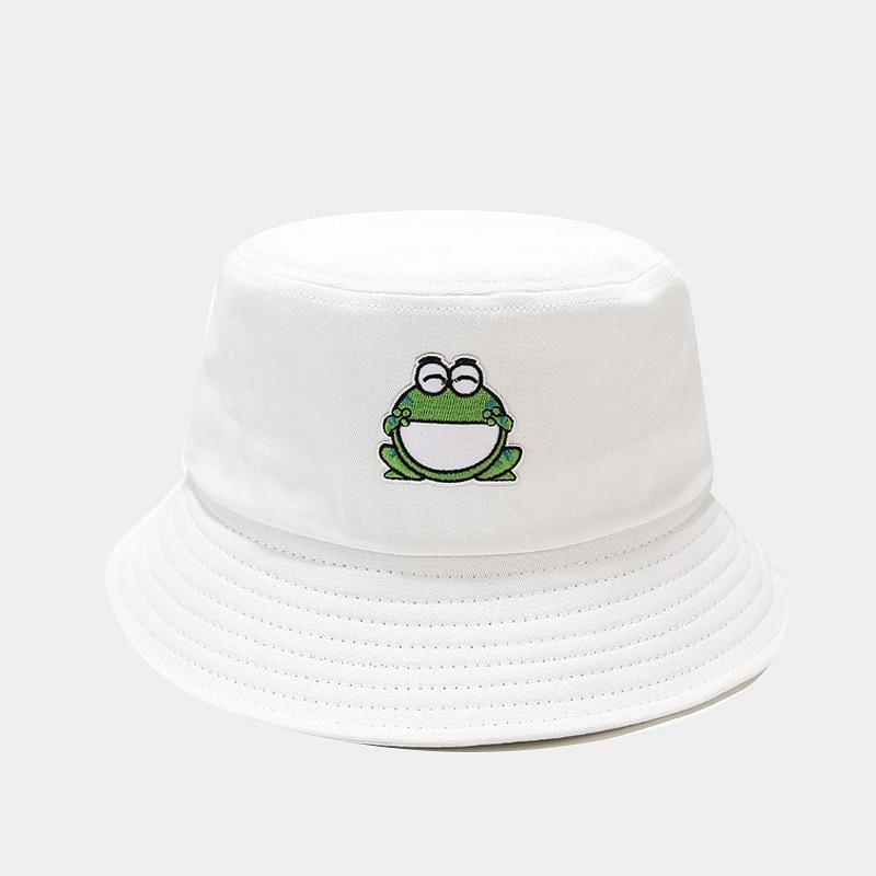 

Berets Cartoon Frog Embroidery Cotton Bucket Hat Fisherman Outdoor Travel Sun Cap Hats For Men And Women 131, White