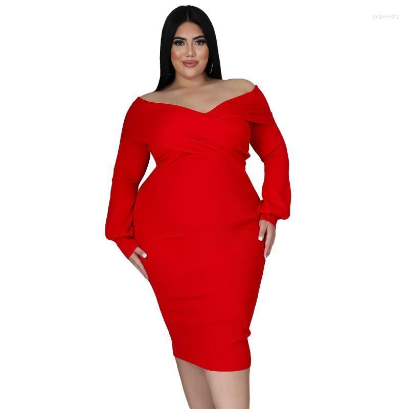 

Plus Size Dresses Sylph Bodycon For Women Party Night Sexy Fashion Solid Dress Long Sleeve Autumn 2022 Slash Neck Midi VestidosPlus Jasp22, Black