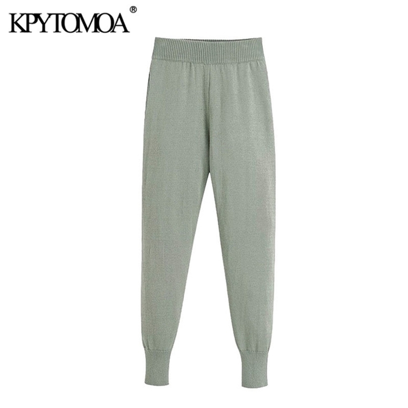 

KPYTOMOA Women Fashion Lien Knitted Pants Vintage Elastic Waist Side Pockets Female Ankle Trousers Pantalones Mujer 201228, As picture