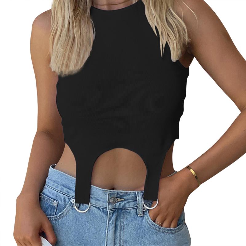 

Women' Tanks & Camis Women' Sexy Crop Top Solid Color Round Neck Sleeveless Skinny Slim Fit Tank Tops Vest Summer Bottom Buckles Camis, Black
