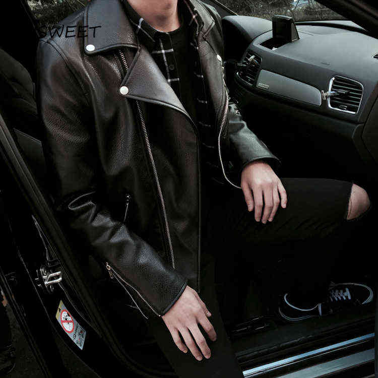 

Autumn Solid Color Sleeve Faux Leather Men Korean Zipper Lapel Locomotive et Man T220728, Black
