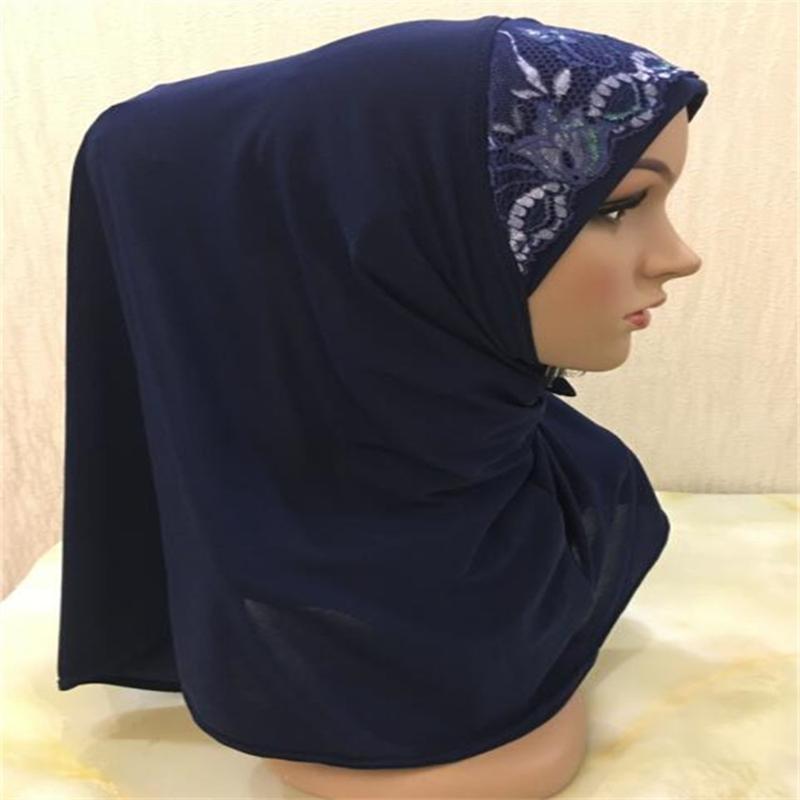 

Ethnic Clothing High Quality Medium Size 65 60cm Muslim Amira Girls Hijab With Lace On Hat Top Pull Islamic Scarf Head Wrap Pray Scarves H02