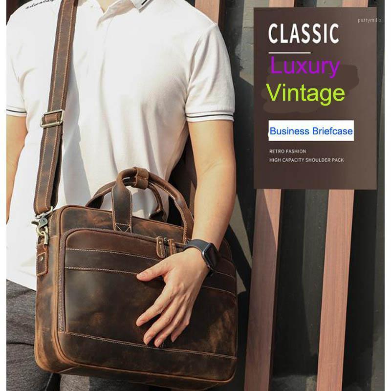 

Luxury Italian Cowhide Leather Briefcase Men Business Handbag Shoulder Travel Laptop Bag 15.6" Large Capacity YKK Metal Zippers, Deep brown