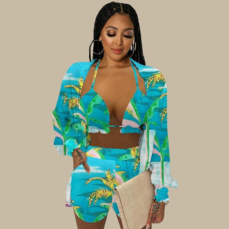 

Women' Tracksuits Summer Bra Tops Women Shorts Long Sleeve Coat Printed 3 Pieces Casual SetsWomen, Gold