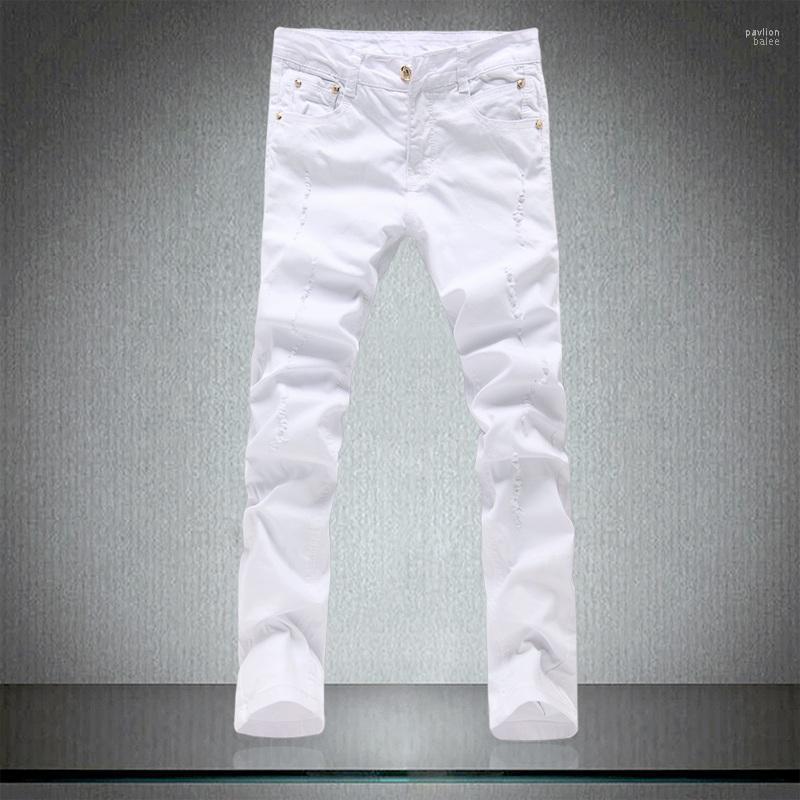 

Men's Jeans Nice Spring Tight Pure White Male Skinny Trousers High Quality Cotton Elastic Hole Slim Leisure Pants Men