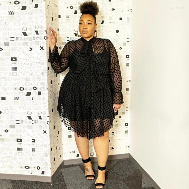 

Plus Size Dresses 4XL 3XL Women Sexy Nightclub Wear Mesh 2022 Spring Large Lady O-neck Hollow Out Irregular Dress Jasp22, Black