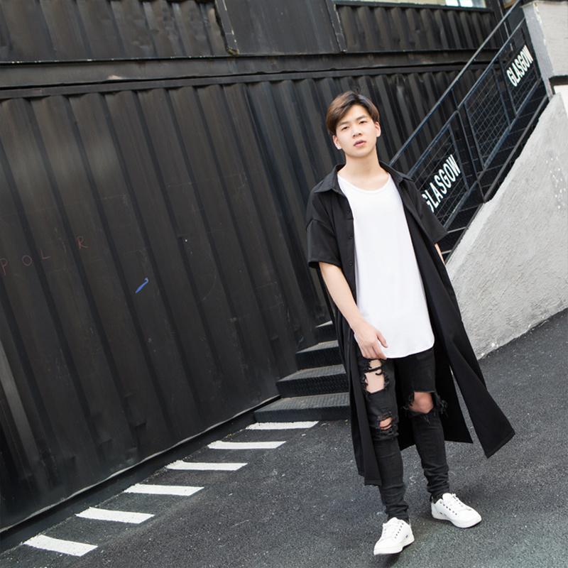 

Men' Casual Shirts Ultra-long Summer Half-sleeved Loose Shirt Dark Black Tide Short-sleeved Korean Large Personal Hairdresser Ove