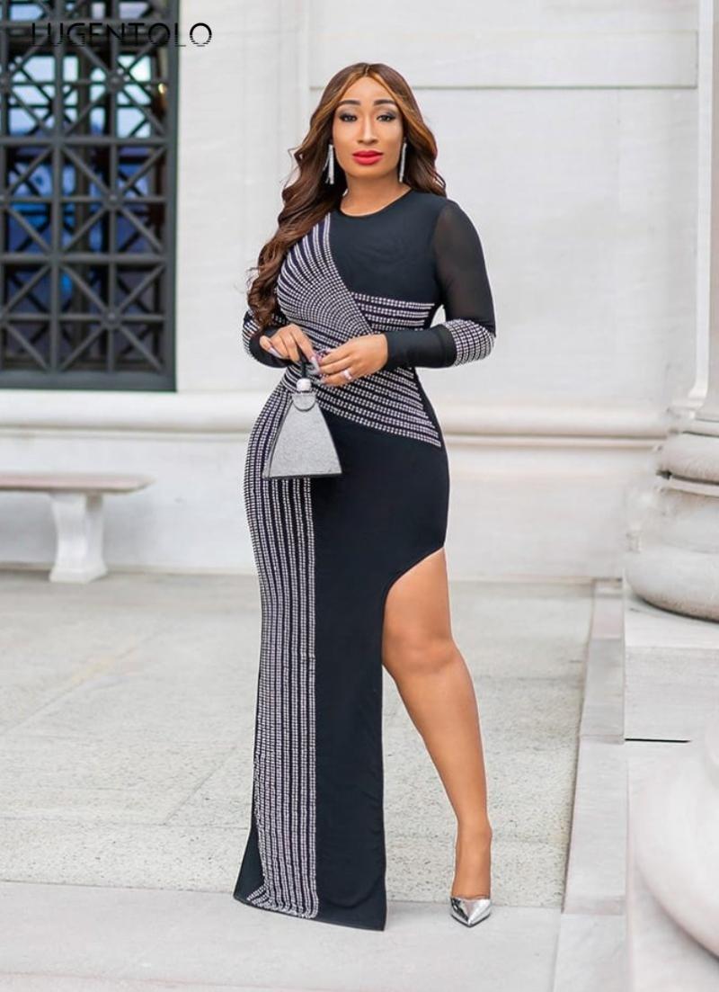 

Casual Dresses Women Sexy Dress Skinny Long Sleeve Diamond Slim Party Female Split Fork Lagre Elasticity, Black;gray